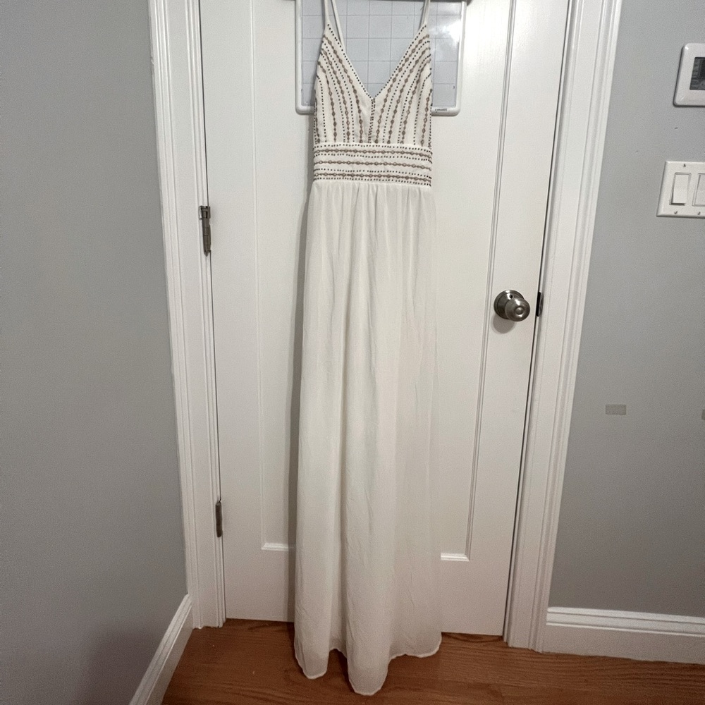WHITE gold beaded PROM DRESS
